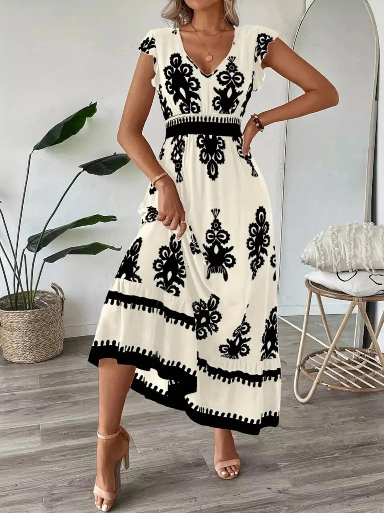 Printed V-Neck Ruffled Cap Sleeve Dress Ladies dresses