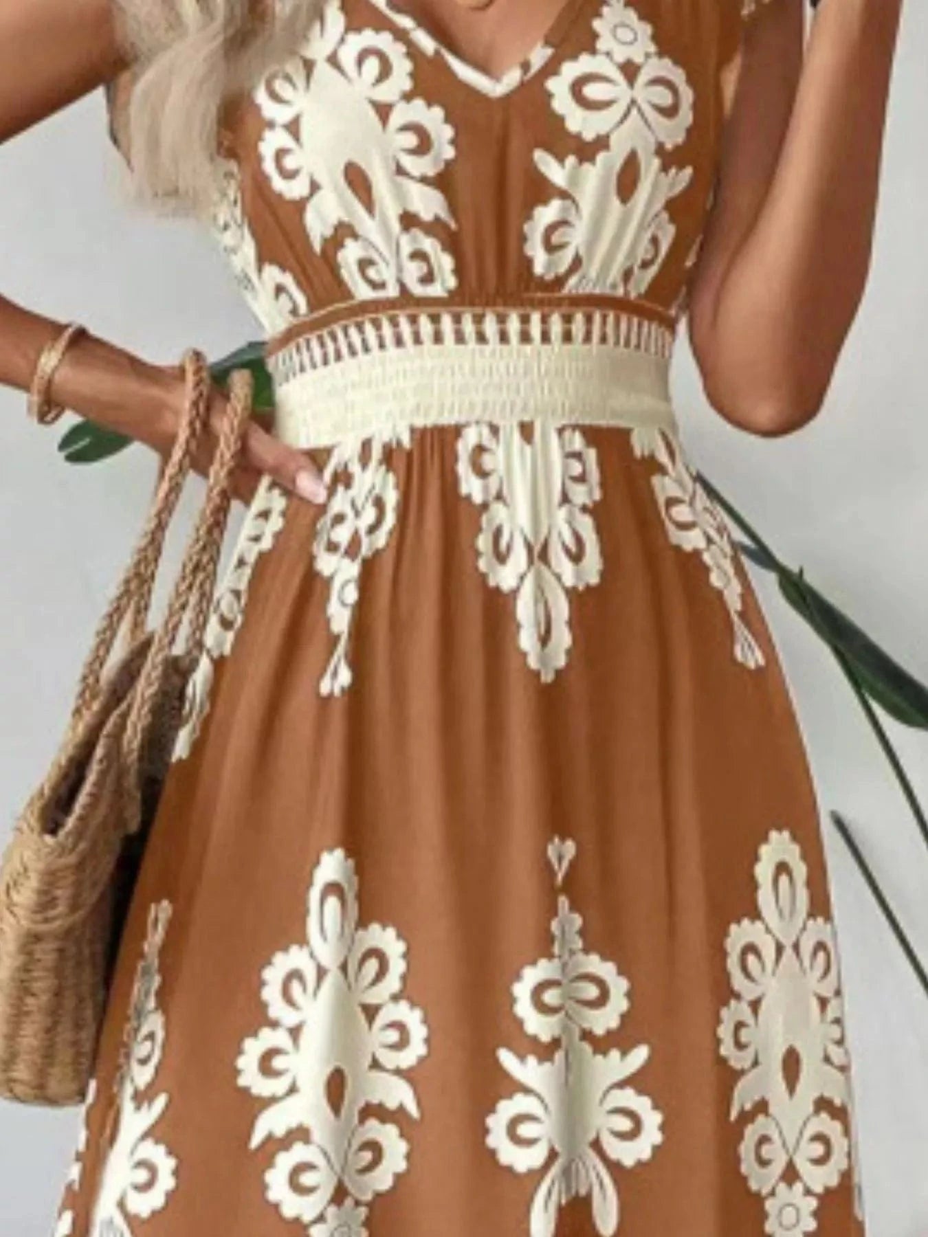 Printed V-Neck Ruffled Cap Sleeve Dress Ladies dresses