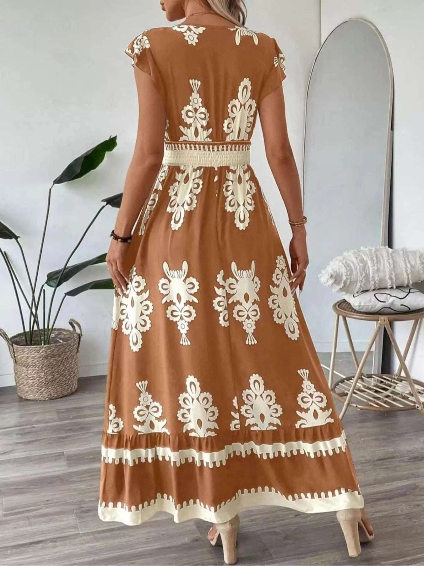 Printed V-Neck Ruffled Cap Sleeve Dress Ladies dresses