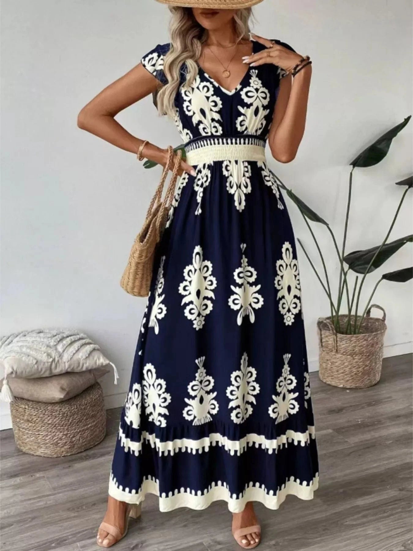 Printed V-Neck Ruffled Cap Sleeve Dress Ladies dresses
