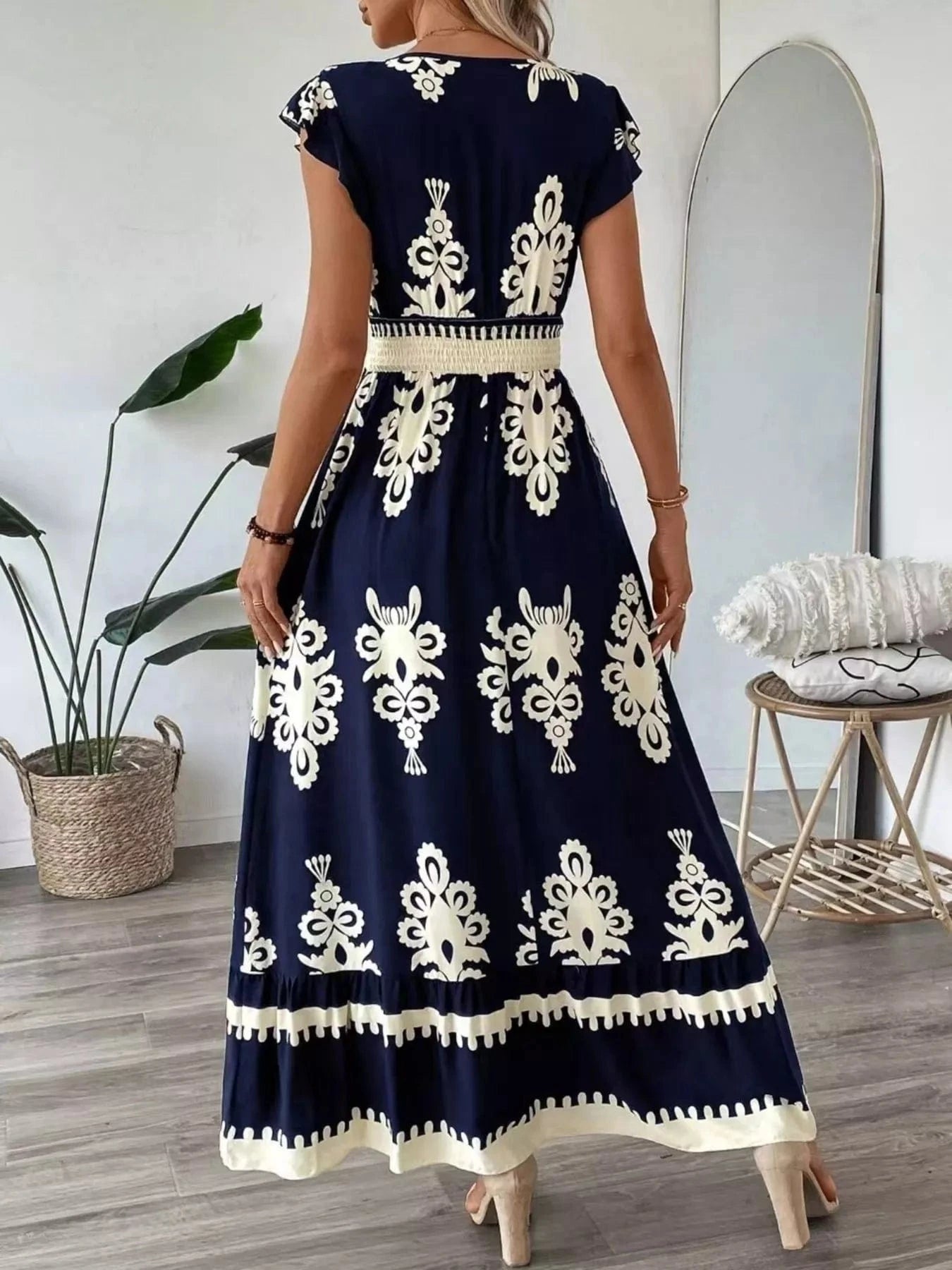 Printed V-Neck Ruffled Cap Sleeve Dress Ladies dresses