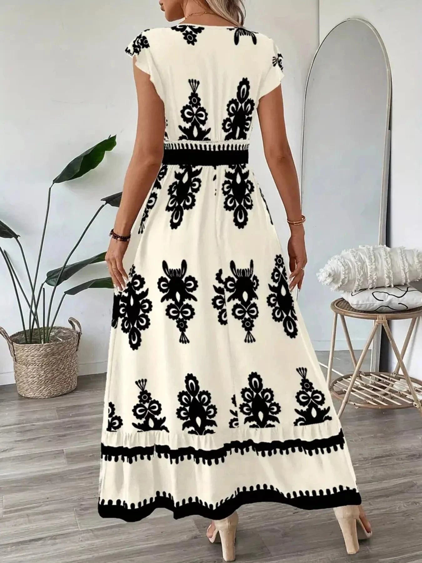 Printed V-Neck Ruffled Cap Sleeve Dress Ladies dresses