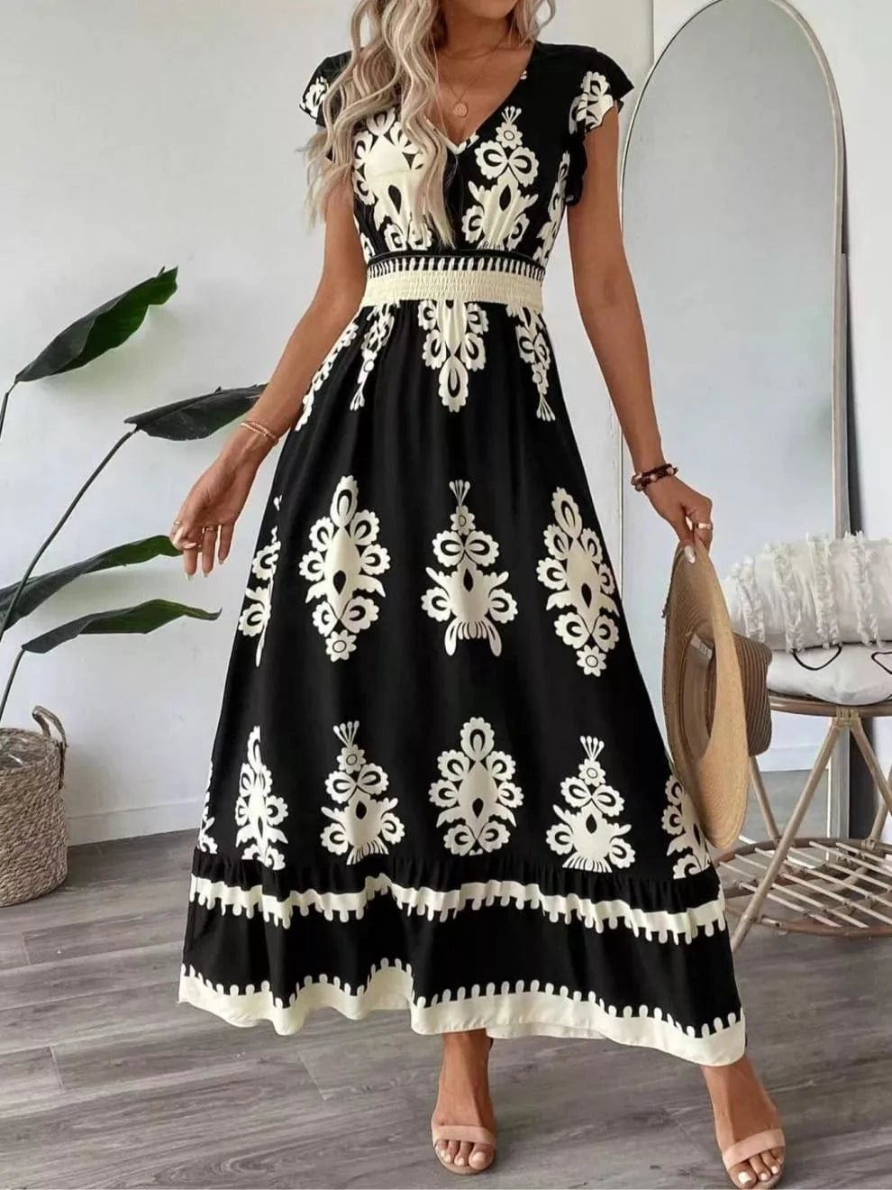 Printed V-Neck Ruffled Cap Sleeve Dress Ladies dresses