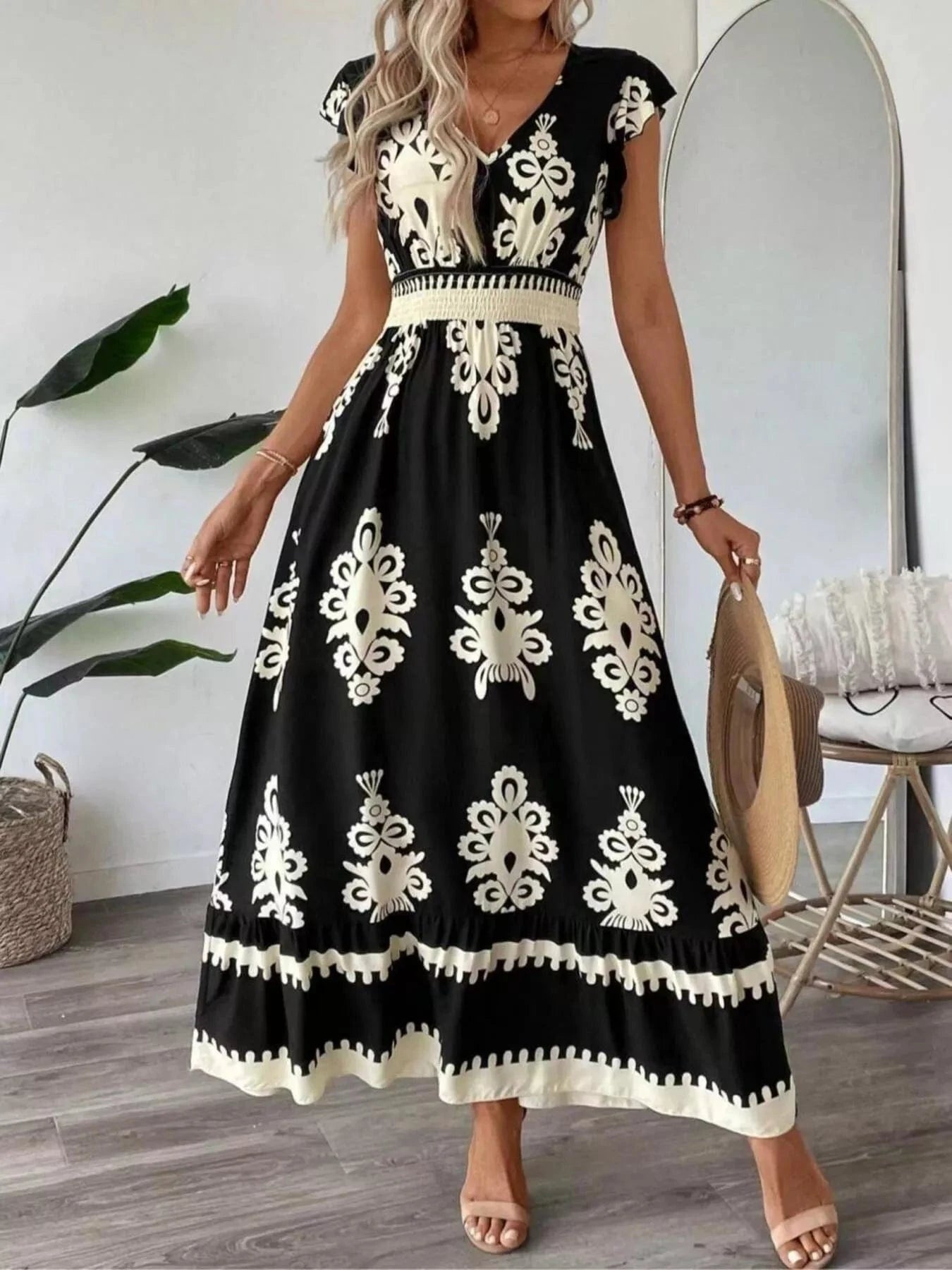 Printed V-Neck Ruffled Cap Sleeve Dress Ladies dresses