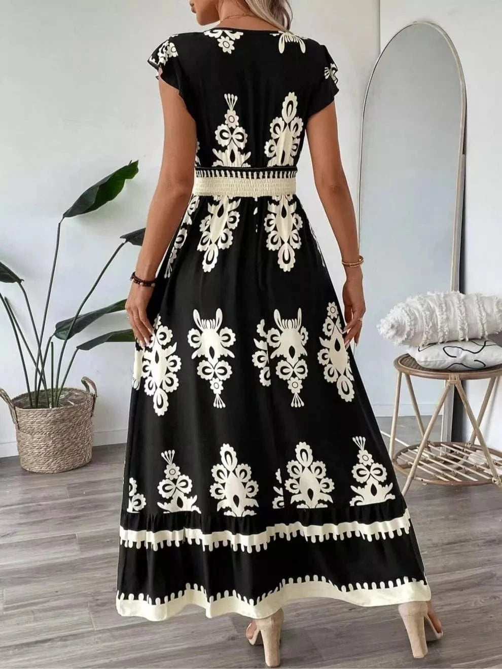 Printed V-Neck Ruffled Cap Sleeve Dress Ladies dresses