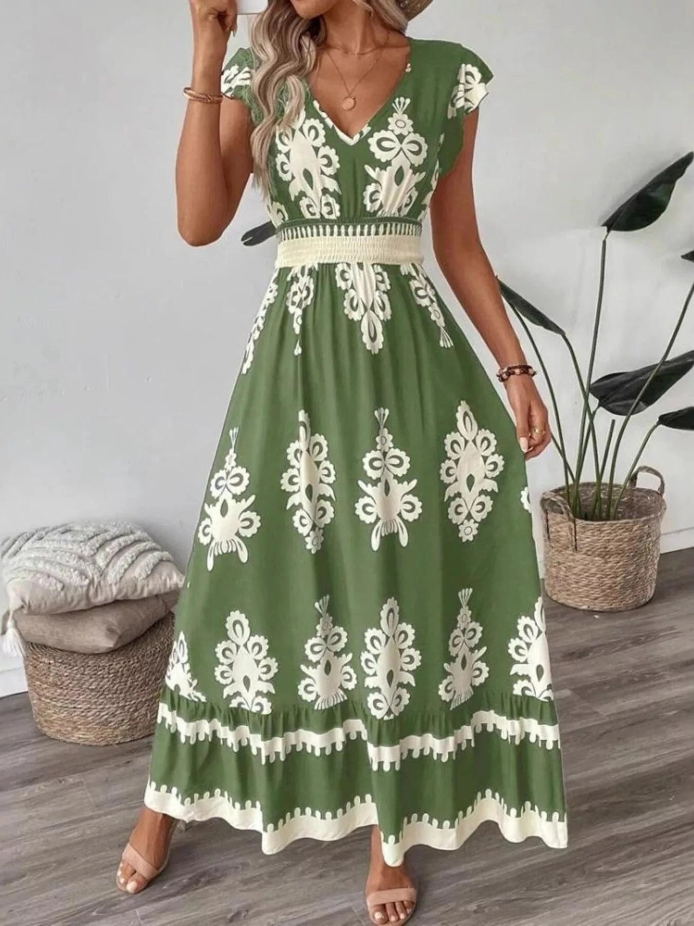 Printed V-Neck Ruffled Cap Sleeve Dress Ladies dresses