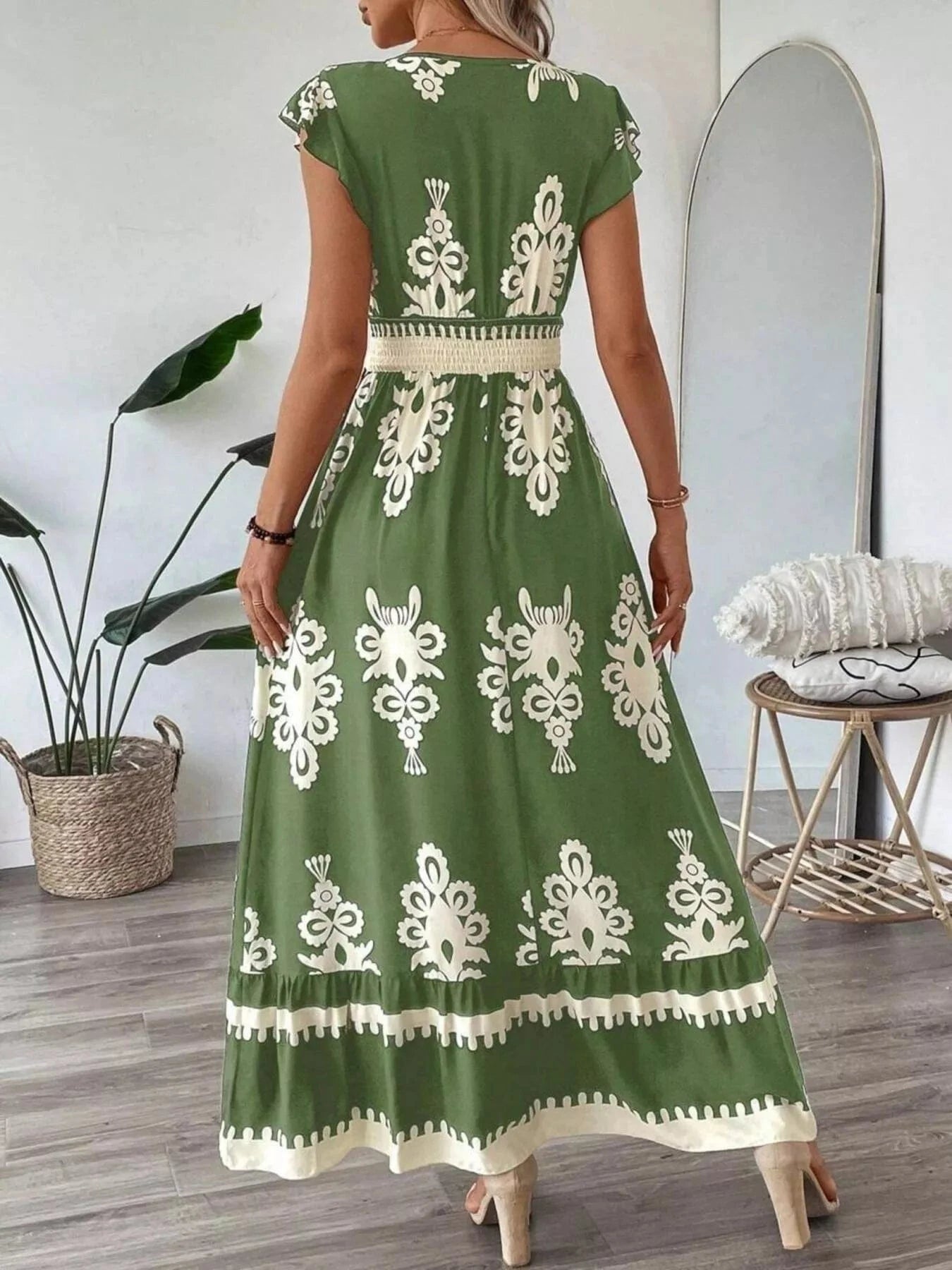 Printed V-Neck Ruffled Cap Sleeve Dress Ladies dresses