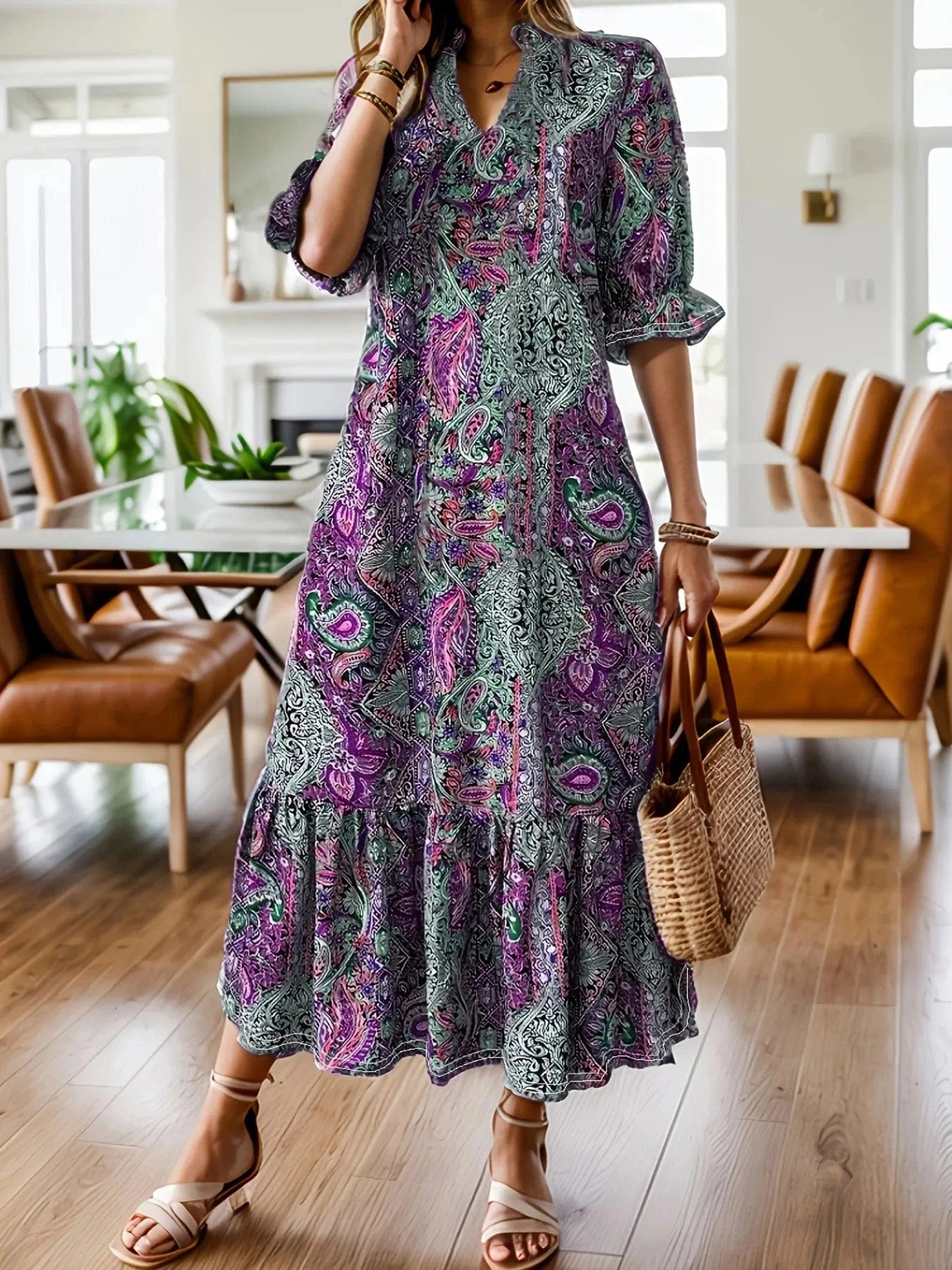 Purple Full Size Bohemian Paisley Print Ruffle Hem Midi Dress Plus Size Ladies dresses