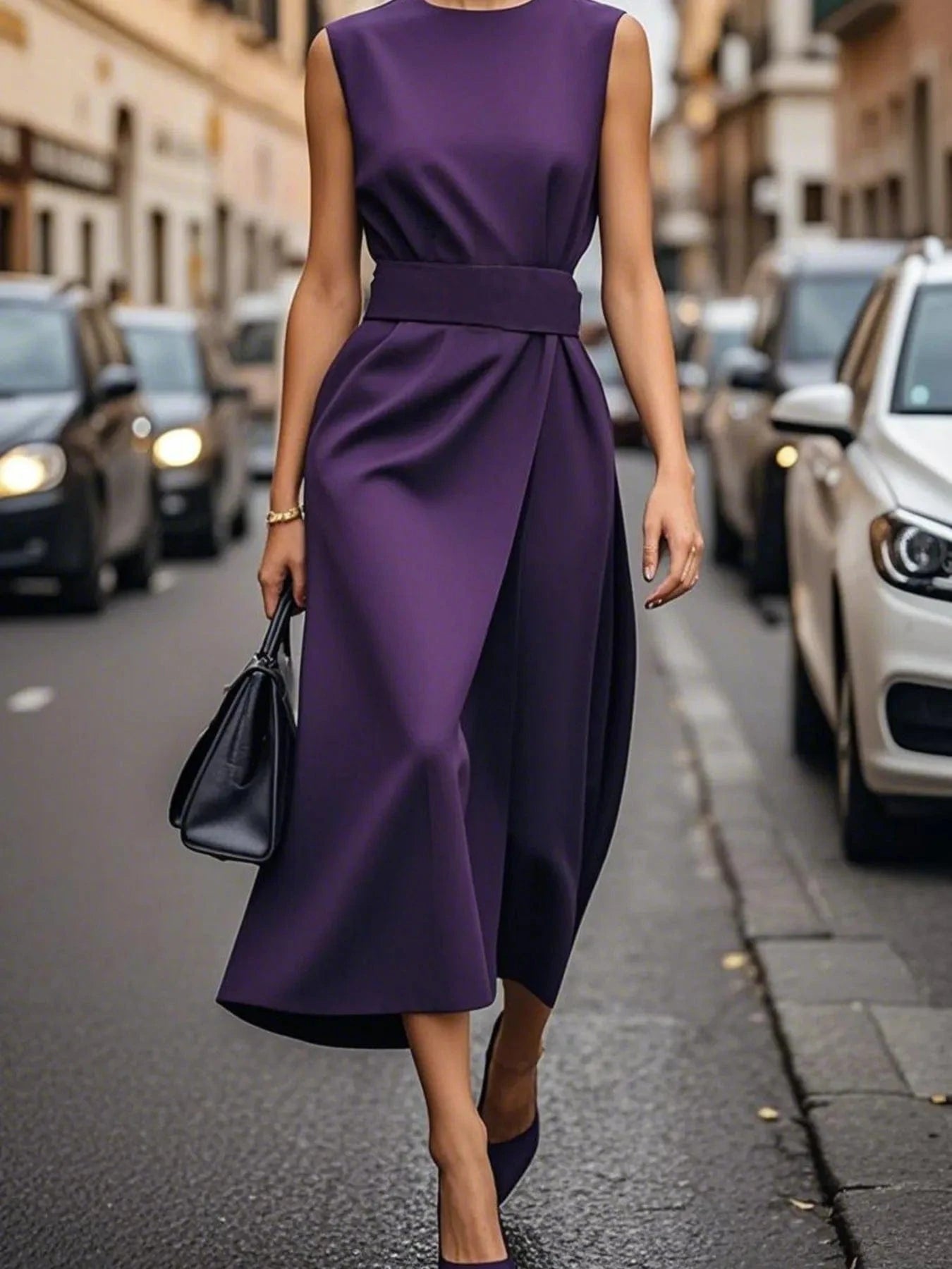 Purple Round Neck Sleeveless Midi Sheath Dress Ladies dresses
