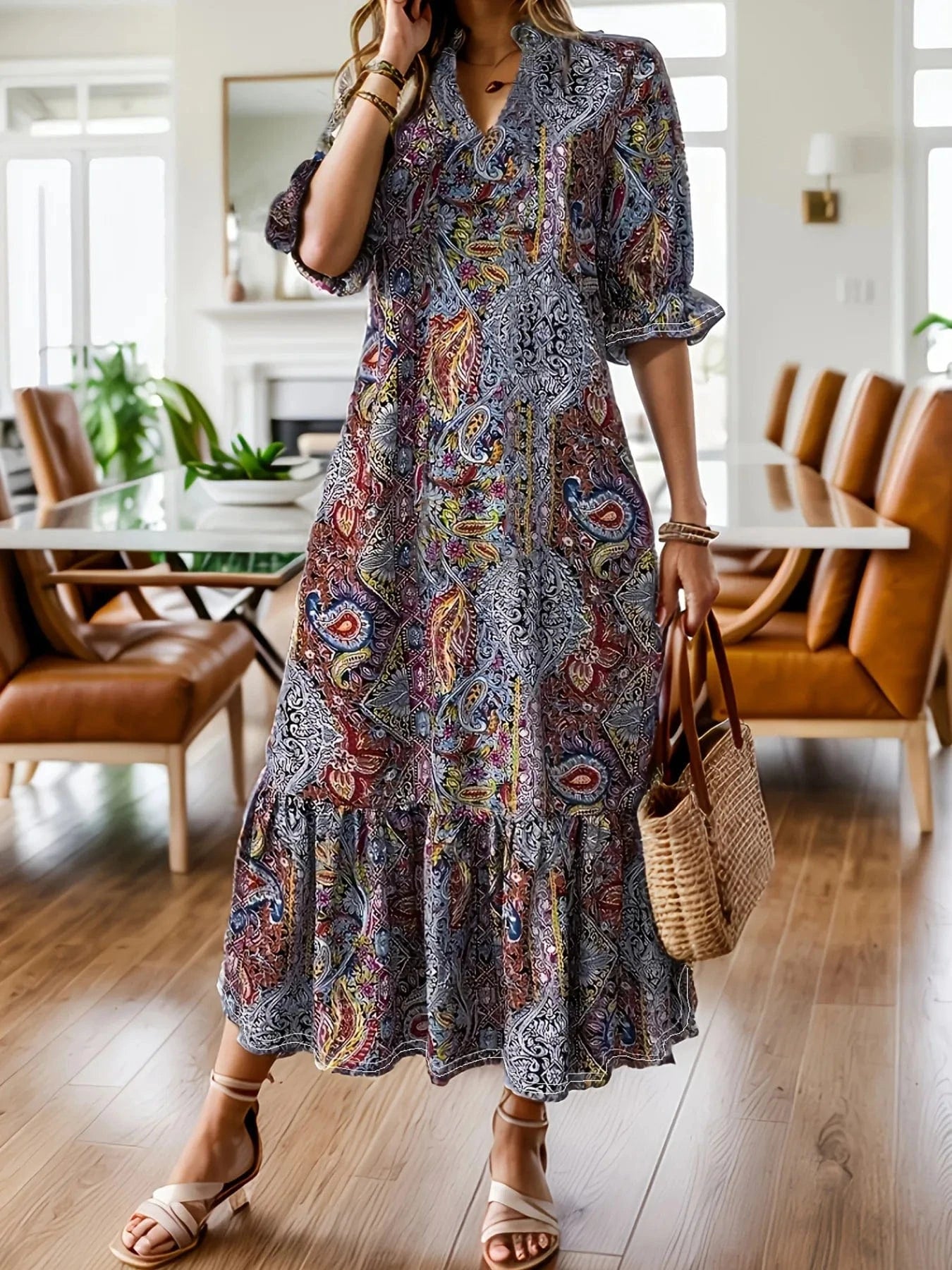 Red Full Size Bohemian Paisley Print Ruffle Hem Midi Dress Plus Size Ladies dresses