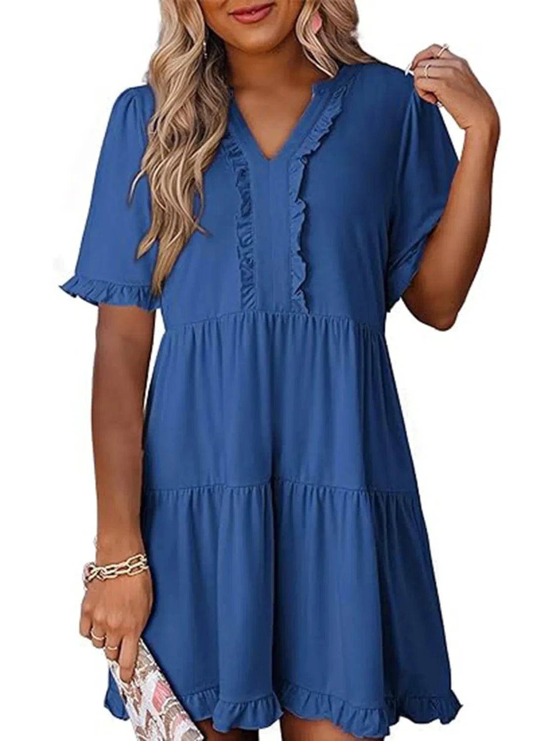 Royal Blue Tiered Notched Short Sleeve Mini Dress Ladies dresses