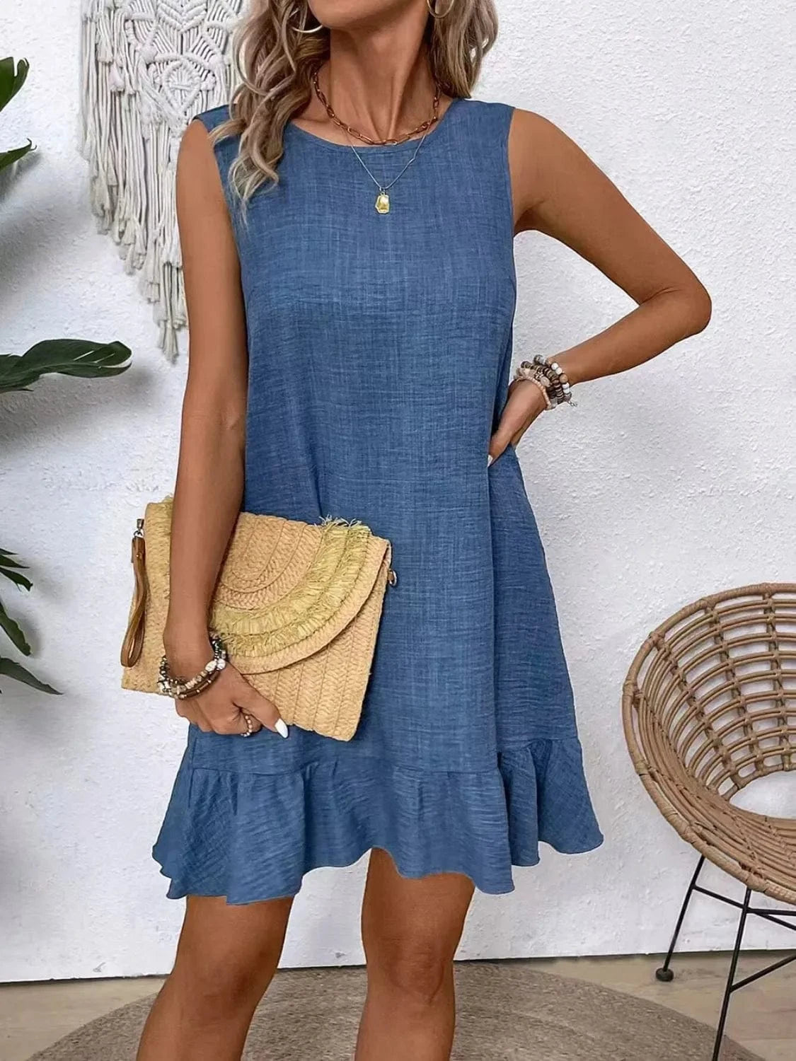 Ruffled Hem Round Neck Sleeveless Dress Ladies dresses