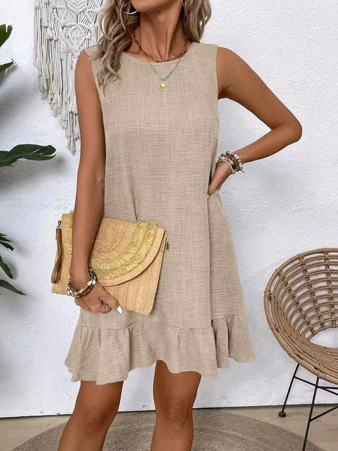 Ruffled Hem Round Neck Sleeveless Dress Ladies dresses