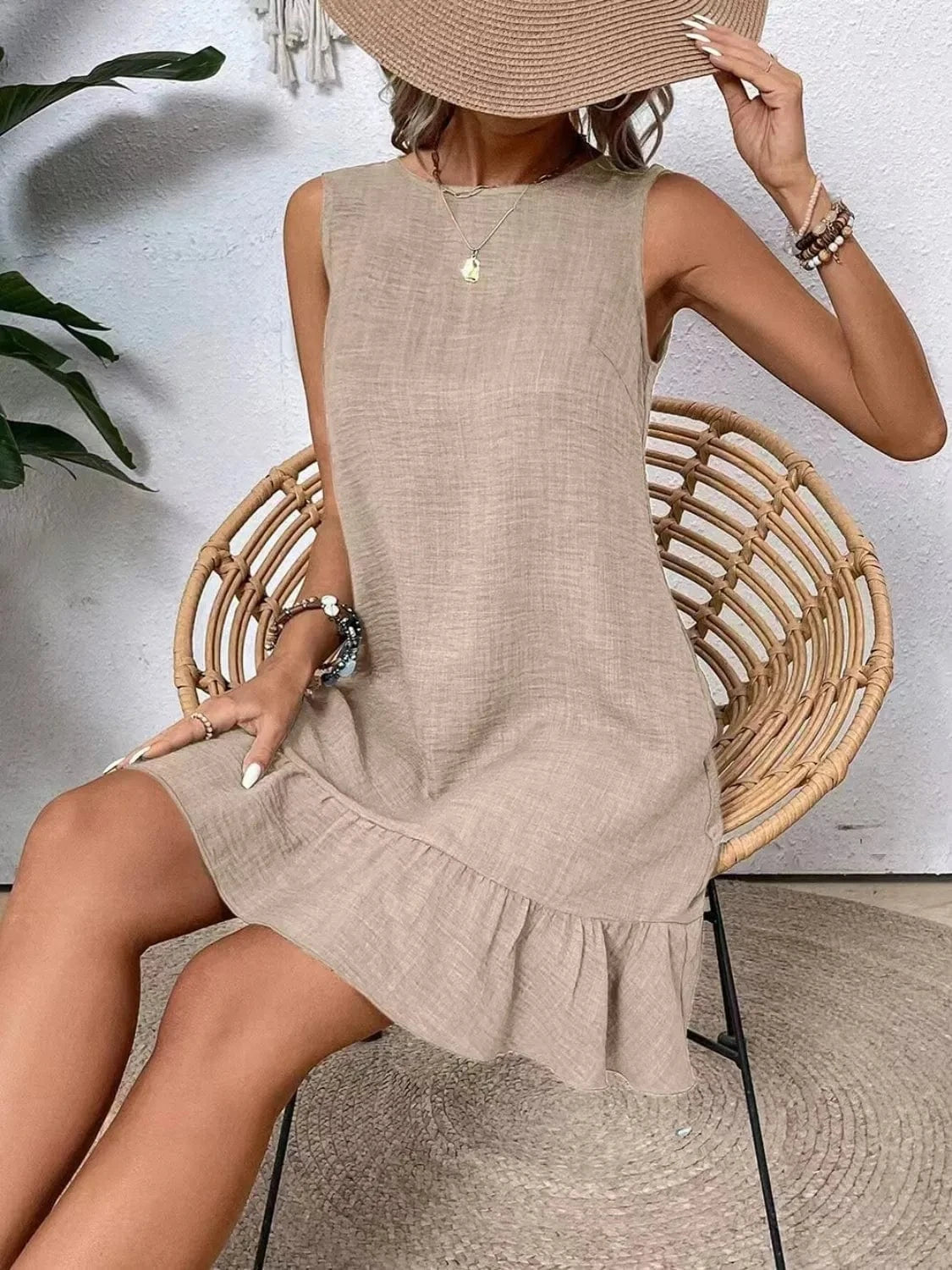Ruffled Hem Round Neck Sleeveless Dress Ladies dresses