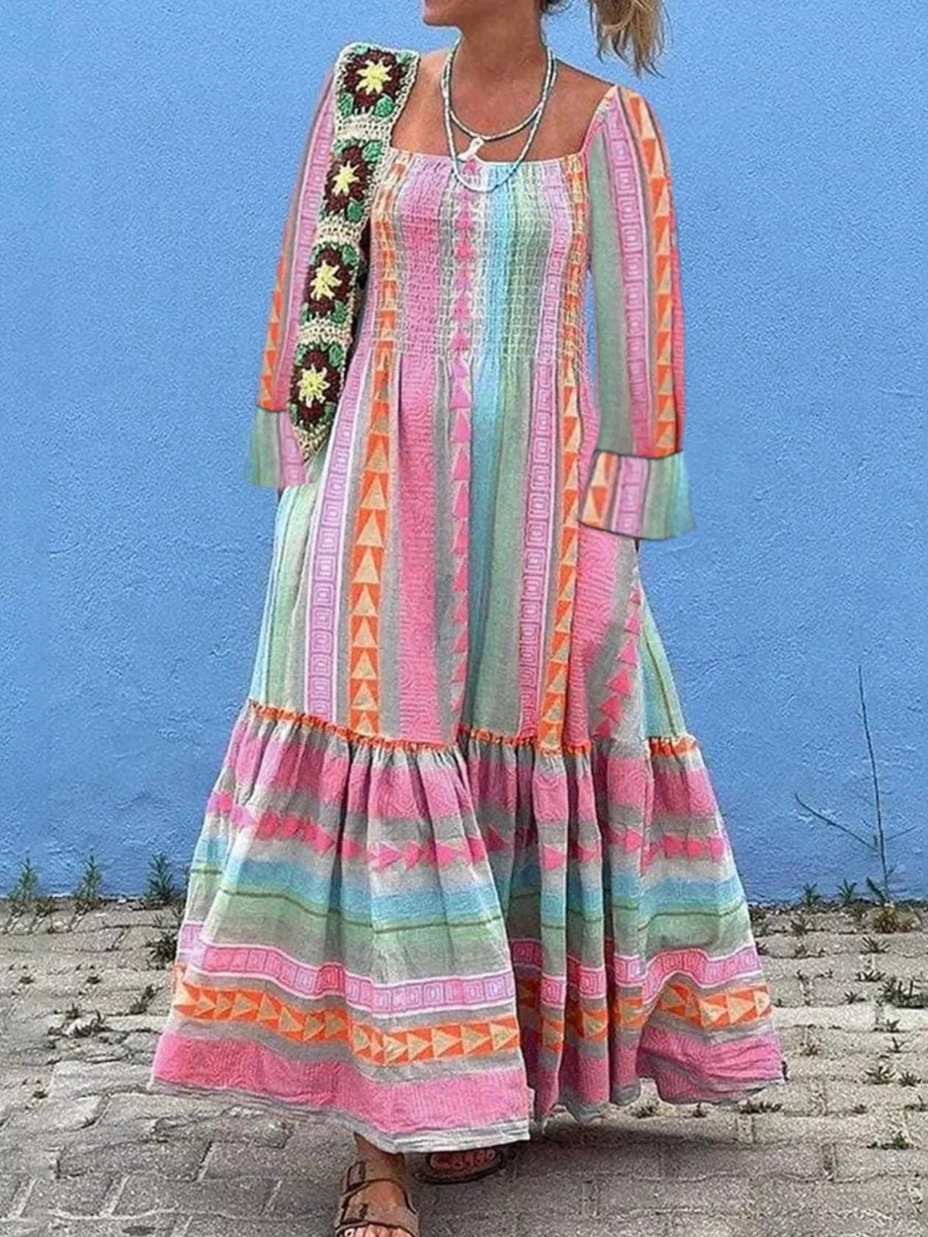 Smocked Square Neck Flounce Sleeve Maxi Dress Ladies dresses