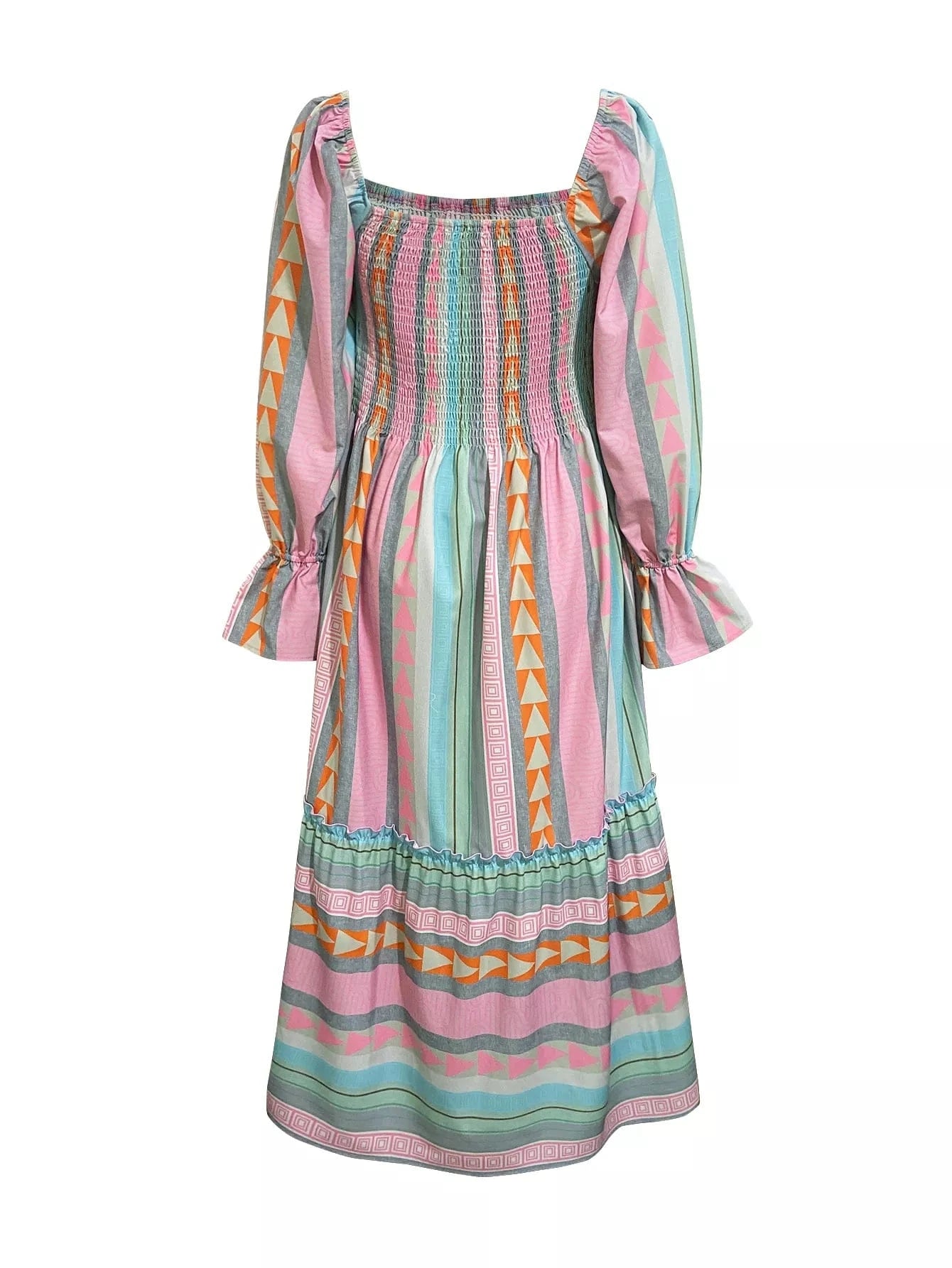 Smocked Square Neck Flounce Sleeve Maxi Dress Ladies dresses