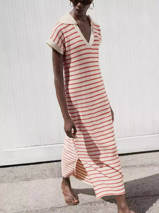 Striped Slit Short Sleeve Maxi Dress Ladies dresses