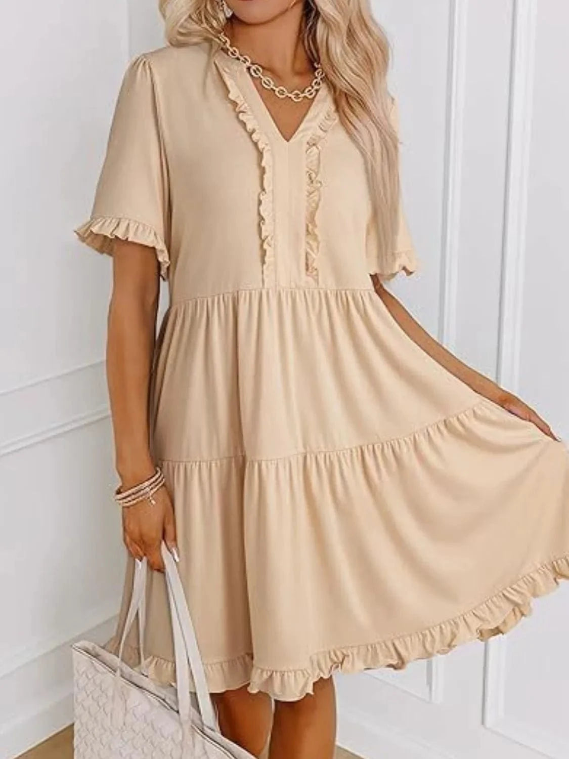 Tan Tiered Notched Short Sleeve Mini Dress Ladies dresses