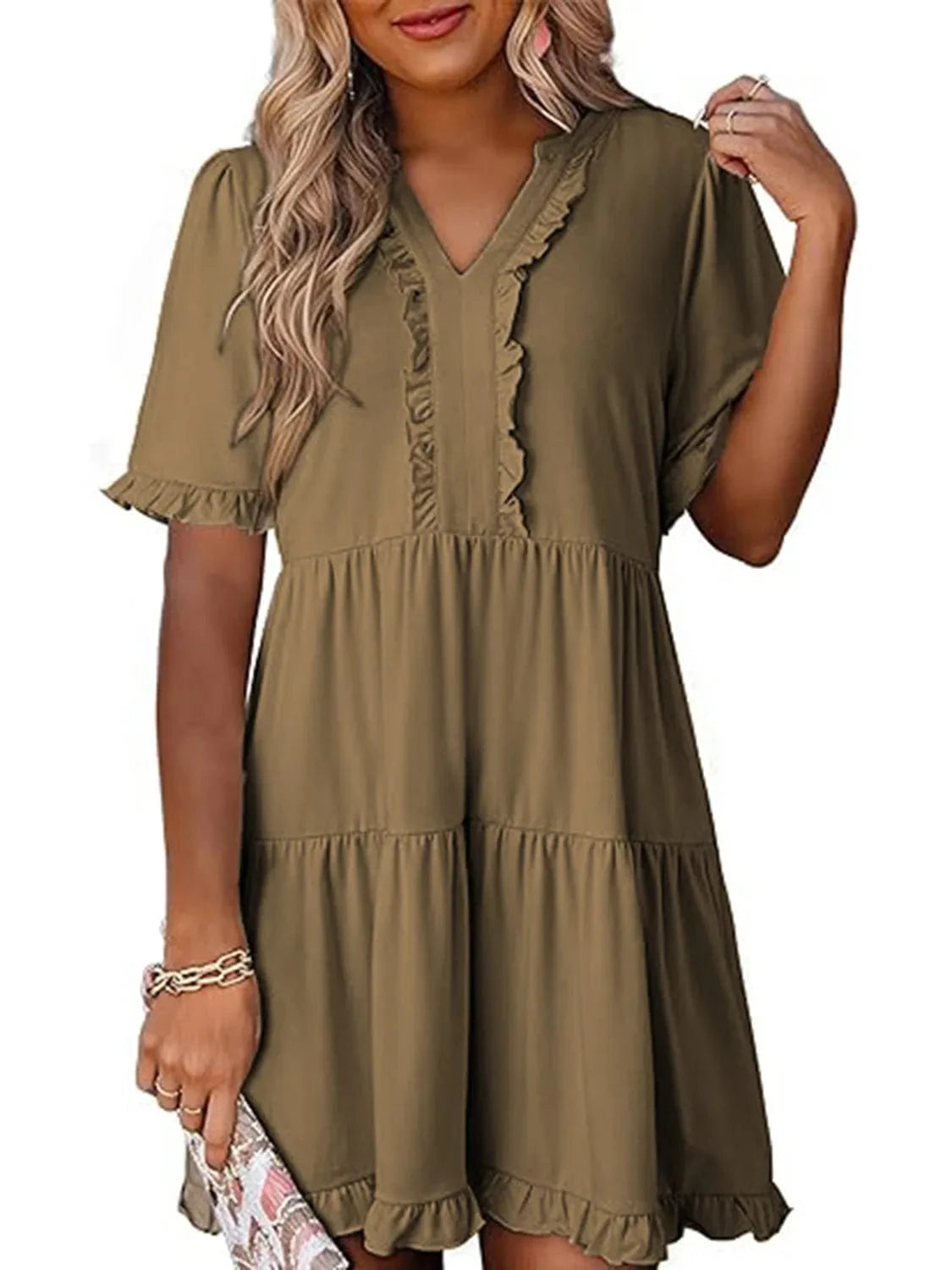 Taupe Tiered Notched Short Sleeve Mini Dress Ladies dresses