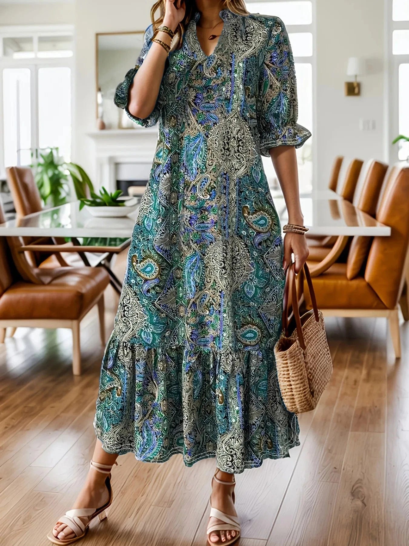Teal Full Size Bohemian Paisley Print Ruffle Hem Midi Dress Plus Size Ladies dresses