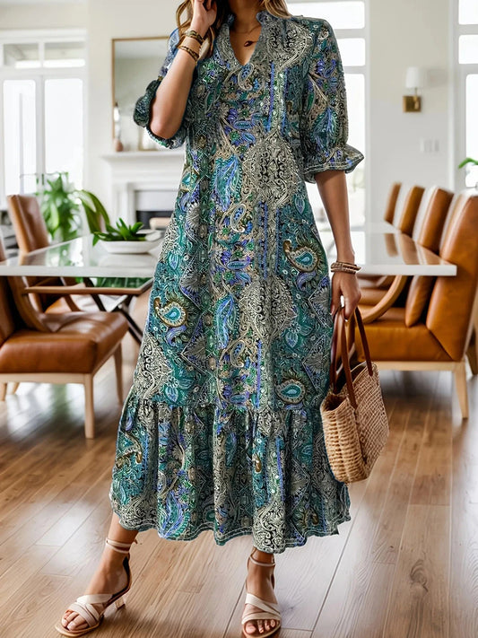 Teal Full Size Bohemian Paisley Print Ruffle Hem Midi Dress Plus Size Ladies dresses