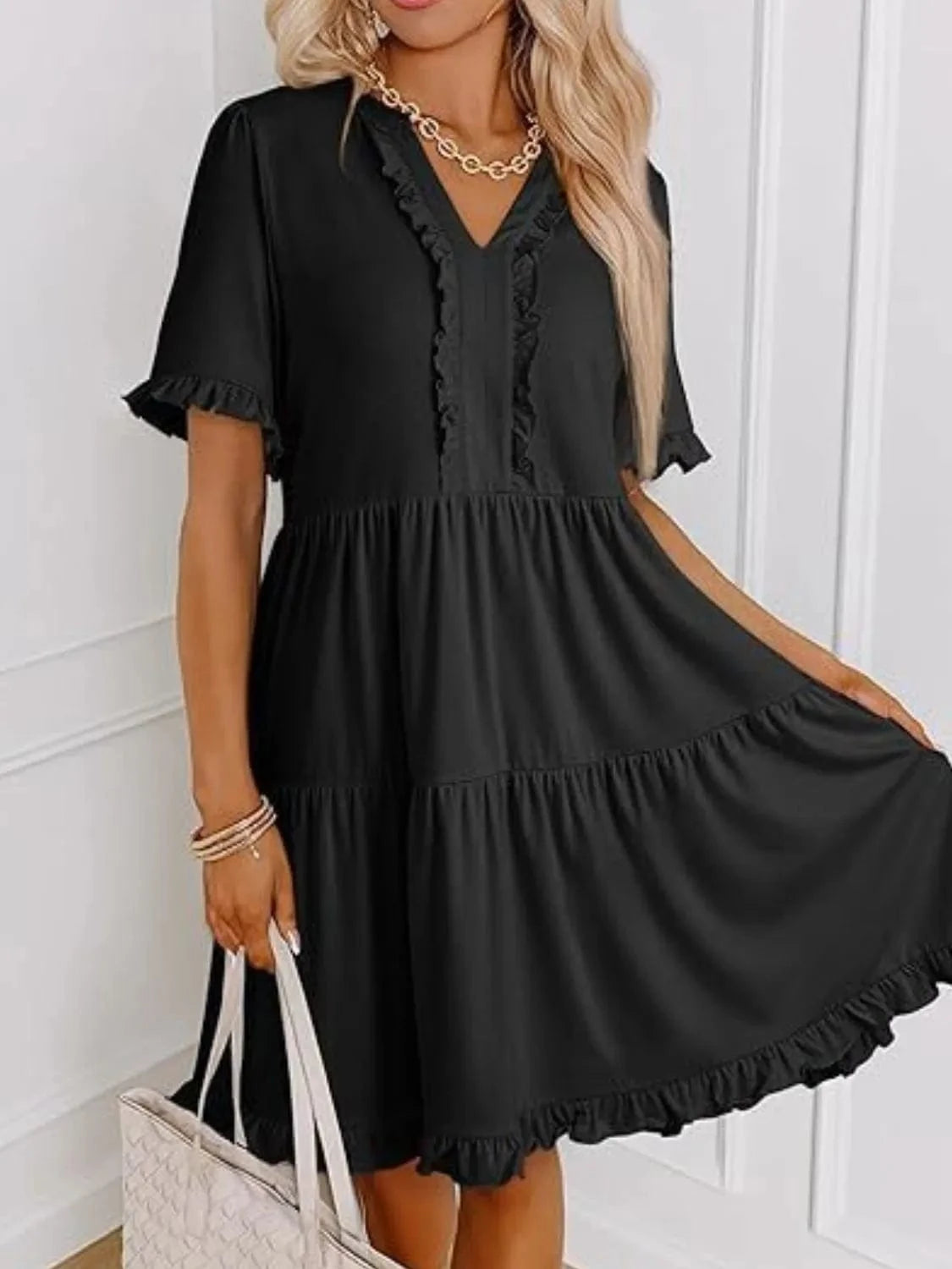 Tiered Notched Short Sleeve Mini Dress Ladies dresses