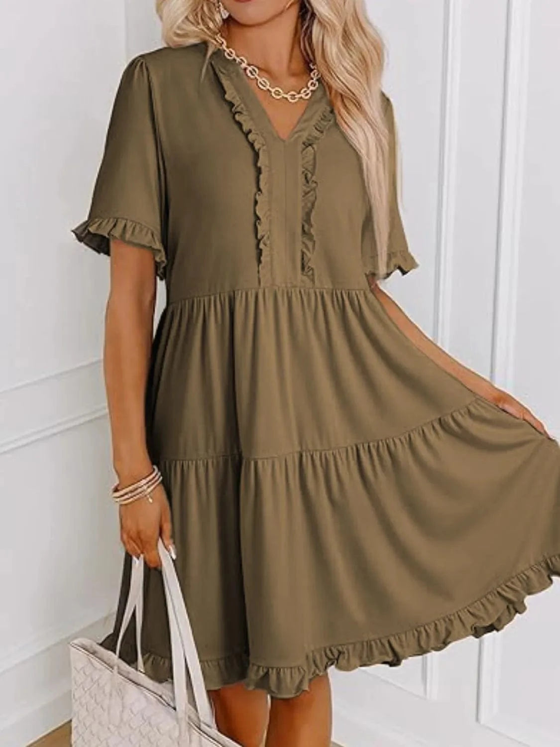 Tiered Notched Short Sleeve Mini Dress Ladies dresses