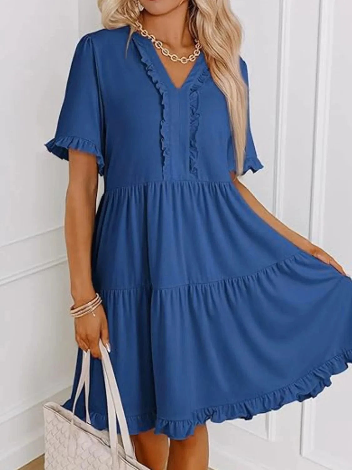 Tiered Notched Short Sleeve Mini Dress Ladies dresses