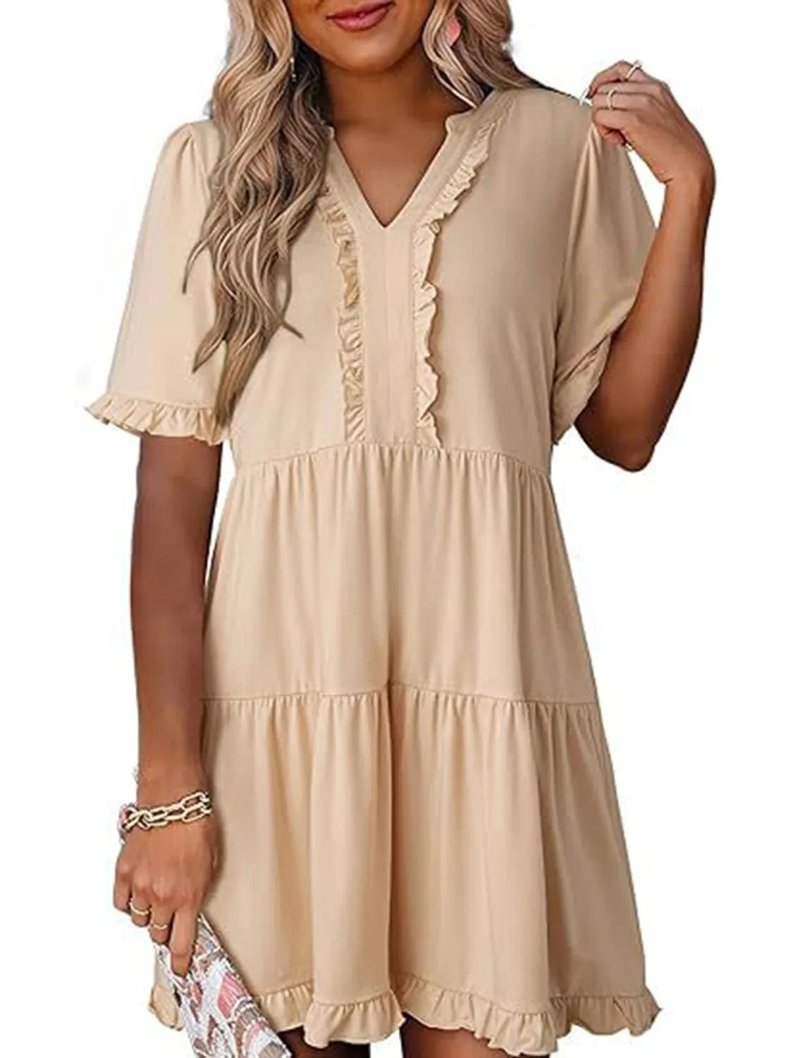 Tiered Notched Short Sleeve Mini Dress Ladies dresses
