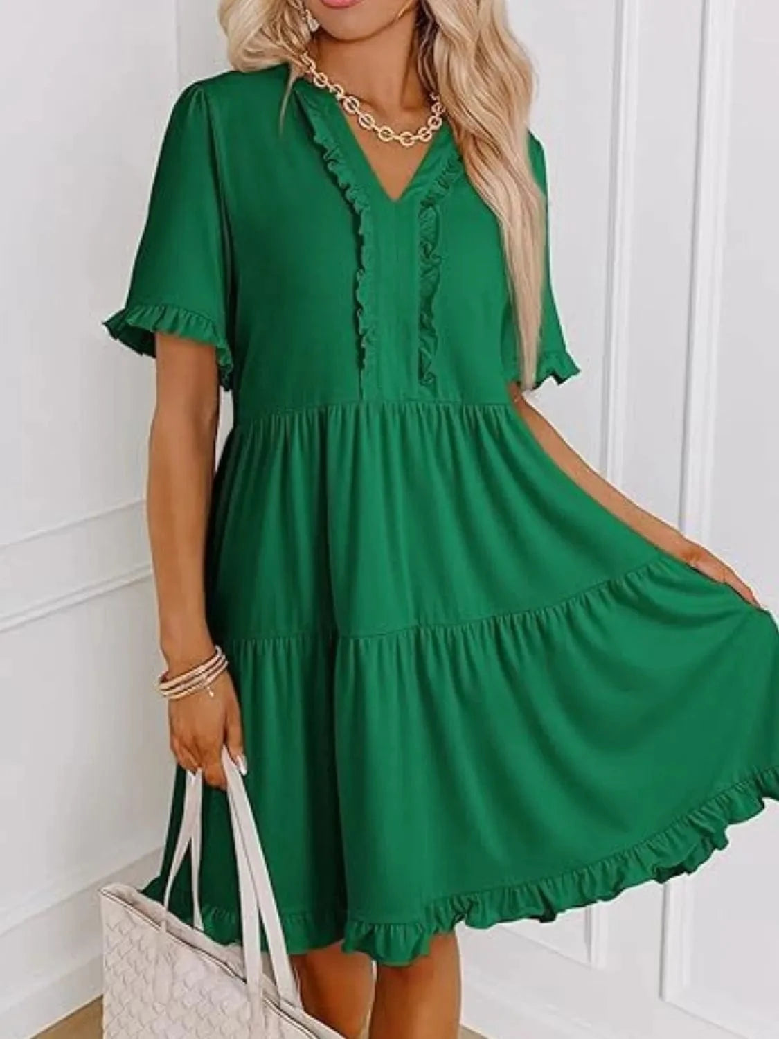 Tiered Notched Short Sleeve Mini Dress Ladies dresses