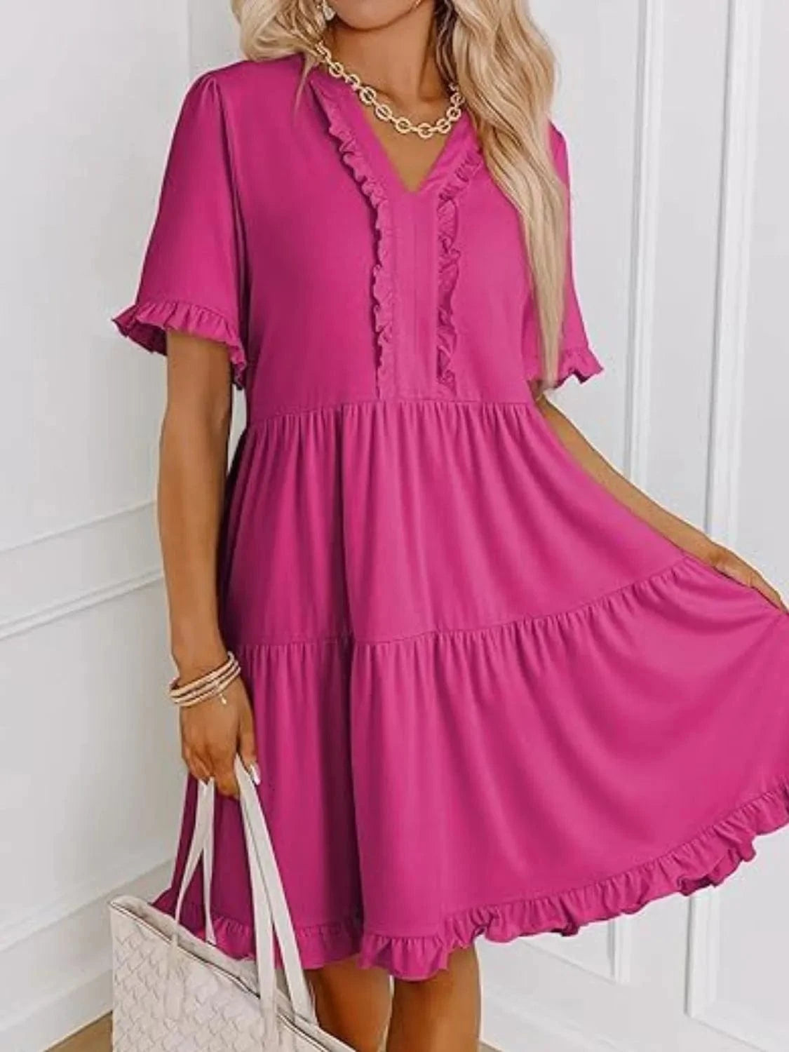 Tiered Notched Short Sleeve Mini Dress Ladies dresses