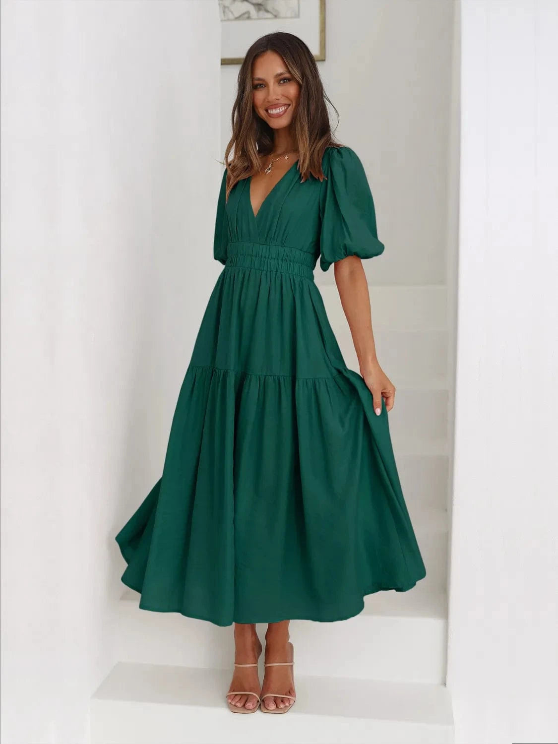 Tiered Surplice Half Sleeve Midi Dress Ladies dresses