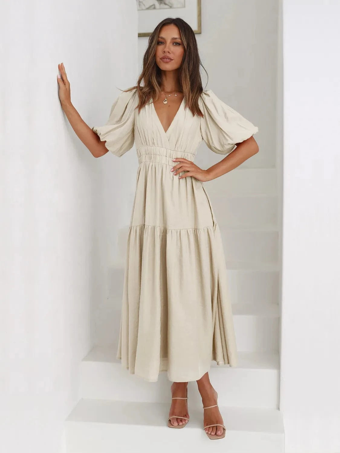 Tiered Surplice Half Sleeve Midi Dress Ladies dresses