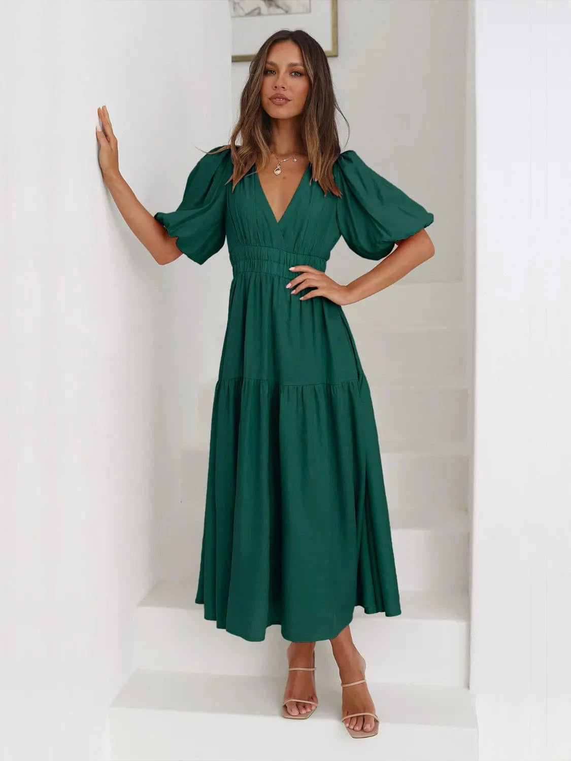 Tiered Surplice Half Sleeve Midi Dress Ladies dresses