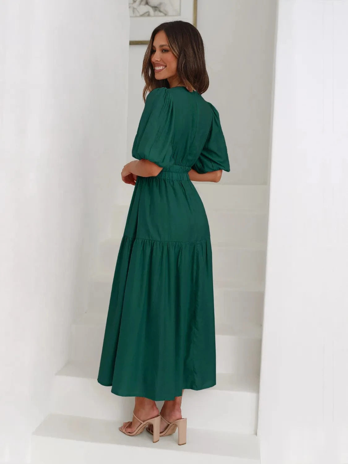 Tiered Surplice Half Sleeve Midi Dress Ladies dresses