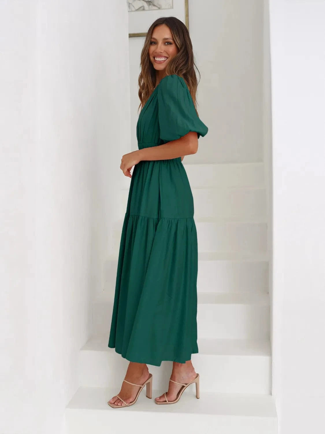 Tiered Surplice Half Sleeve Midi Dress Ladies dresses