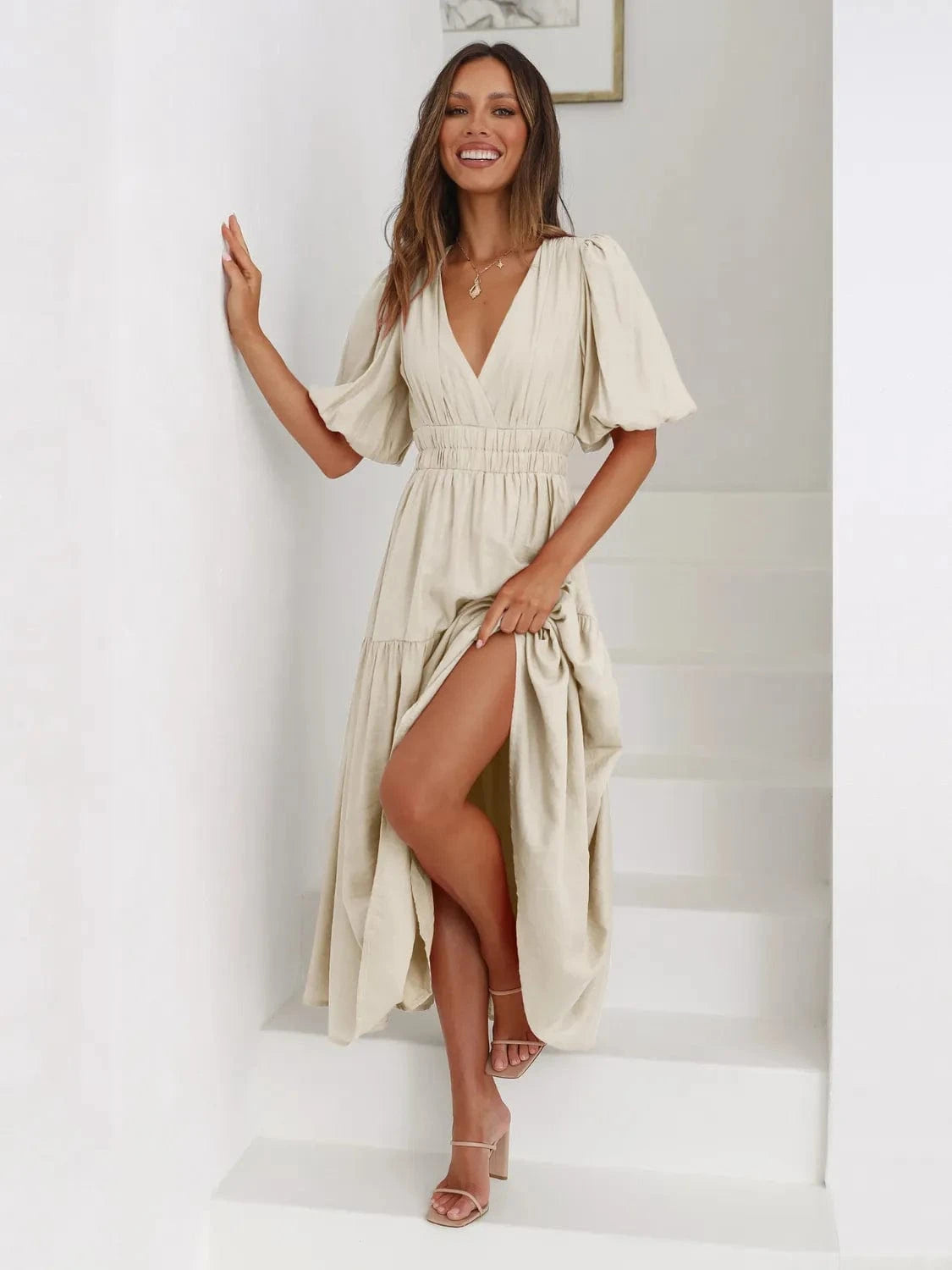 Tiered Surplice Half Sleeve Midi Dress Ladies dresses