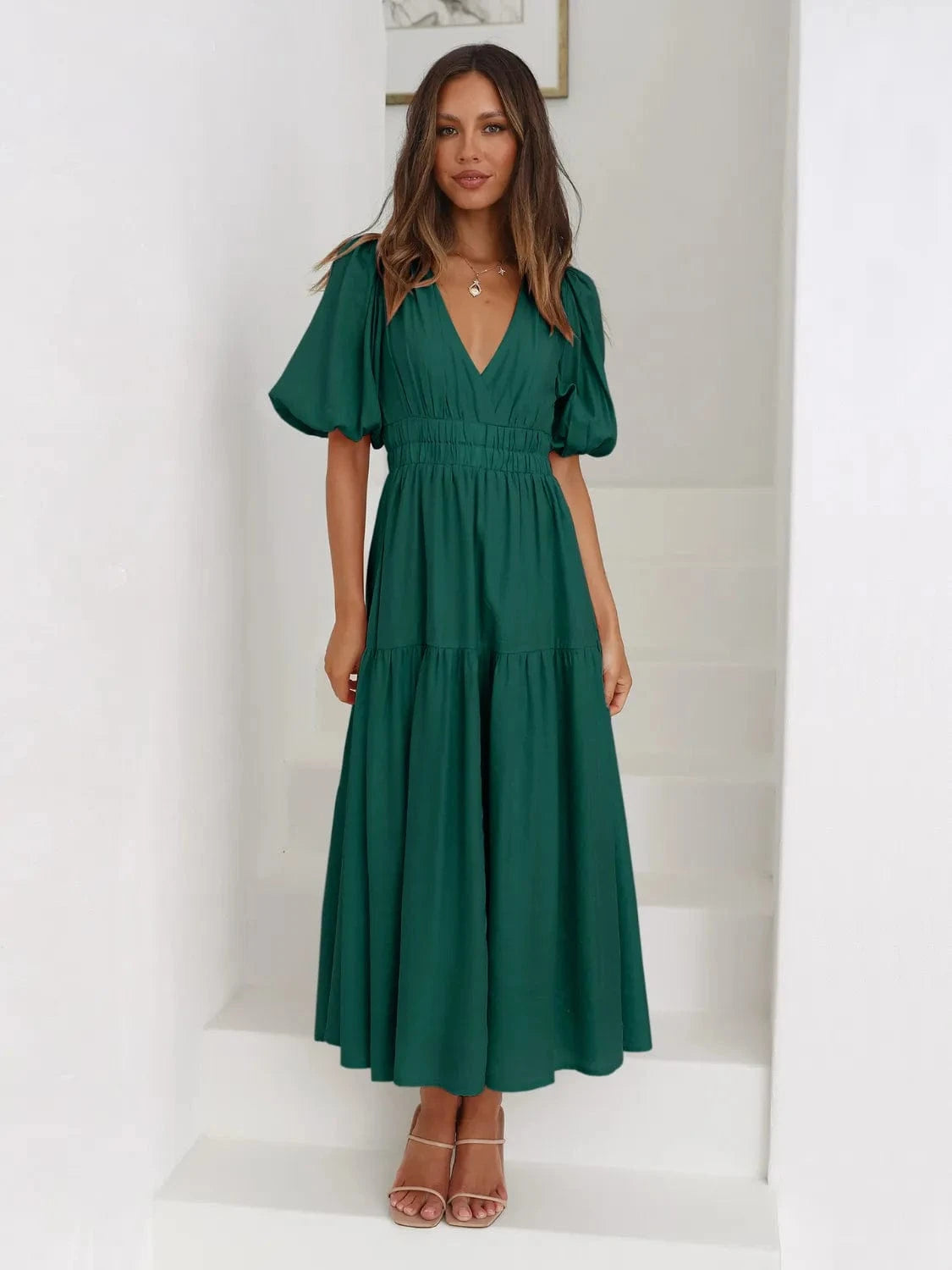 Tiered Surplice Half Sleeve Midi Dress Ladies dresses