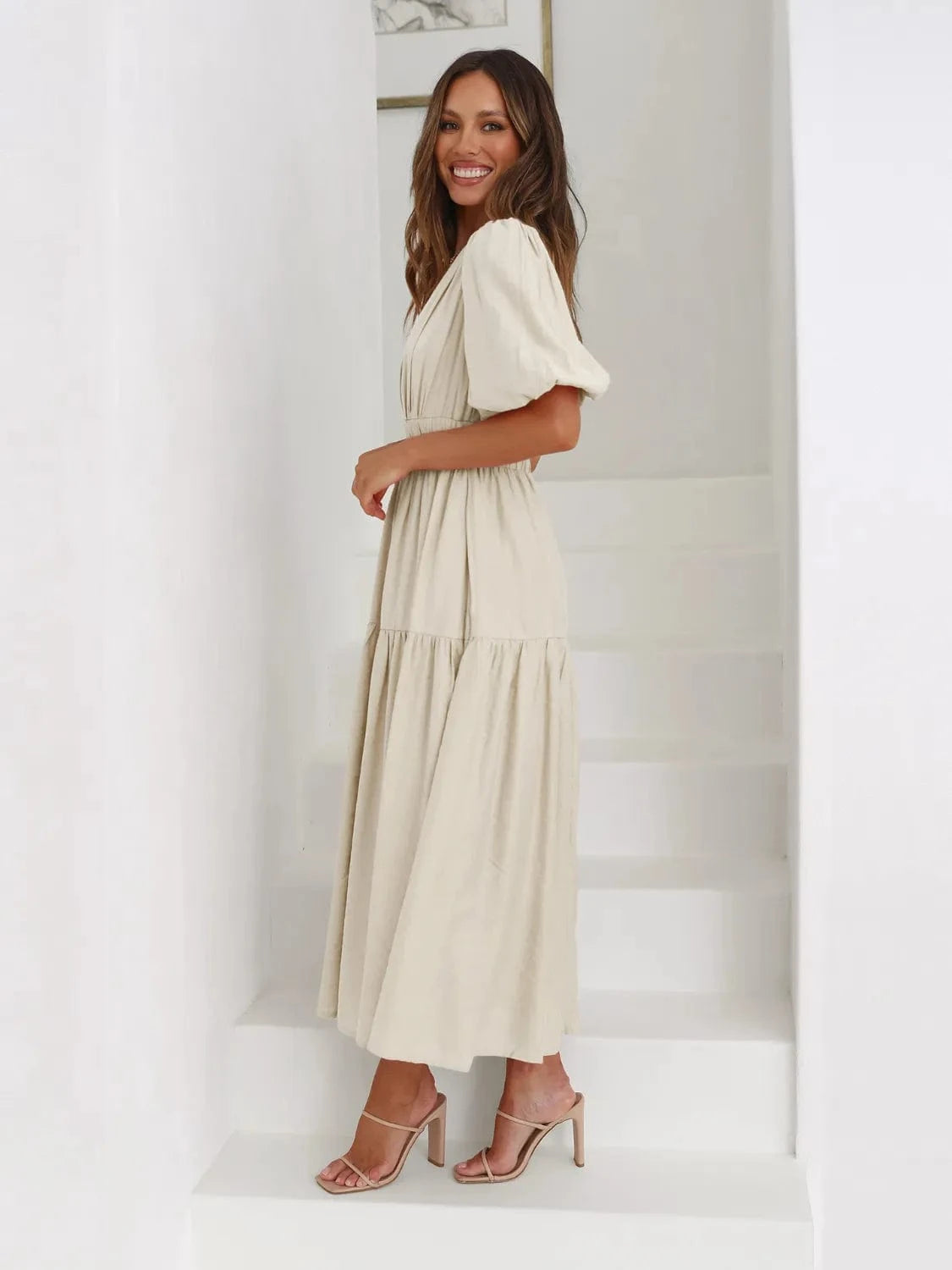Tiered Surplice Half Sleeve Midi Dress Ladies dresses