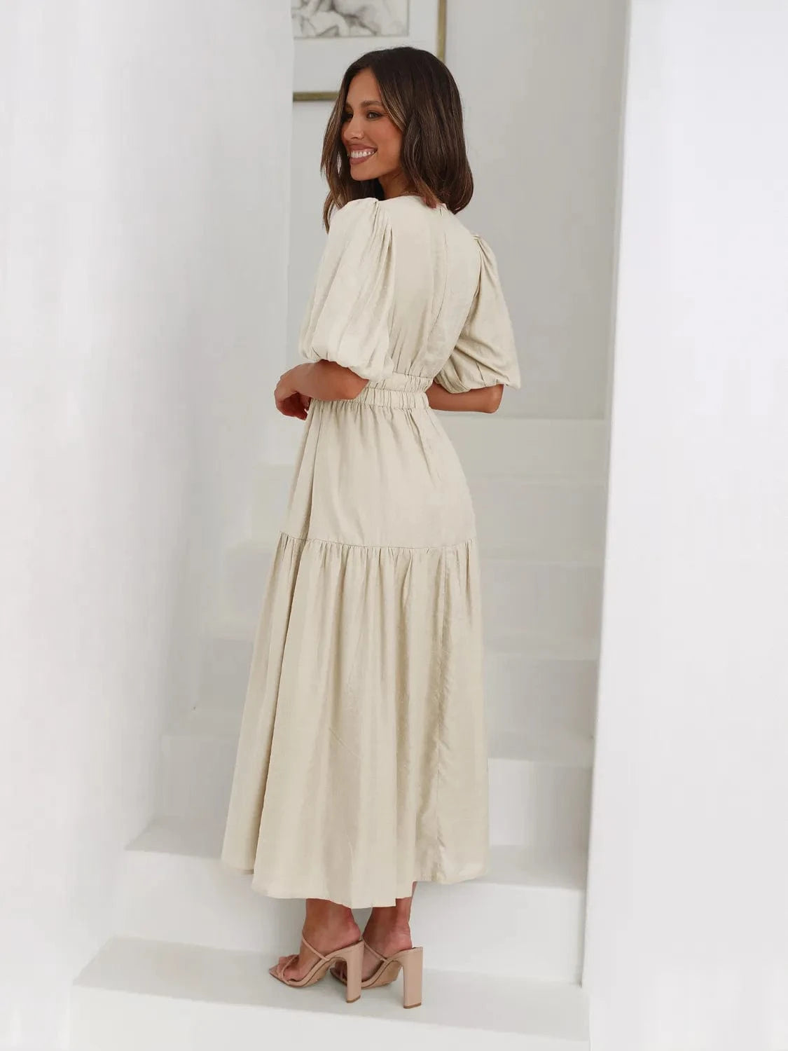 Tiered Surplice Half Sleeve Midi Dress Ladies dresses