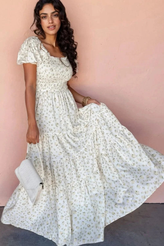 White Floral Smocked Short Puff Sleeve Maxi Dress Ladies dresses