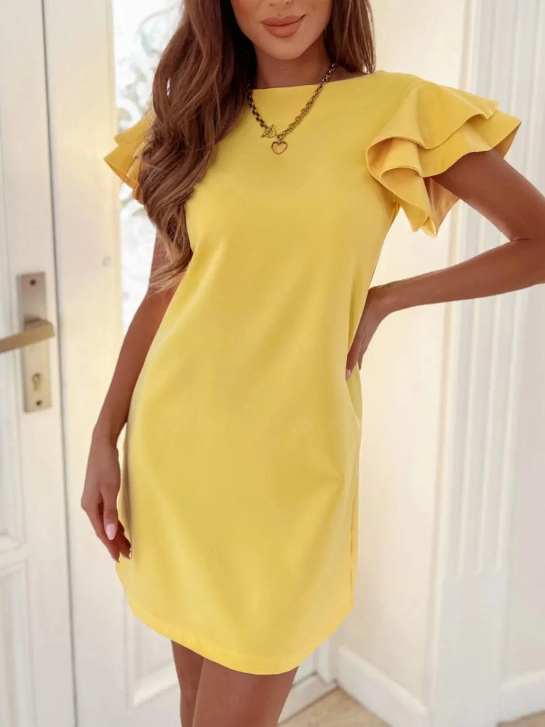 Yellow Ruffled Layered Short Sleeve Mini Dress Ladies dresses