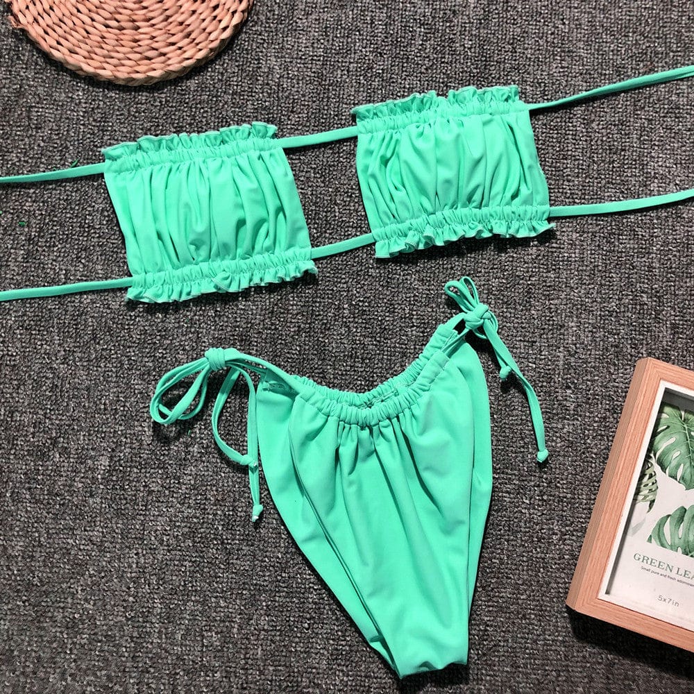 Neon Green Frill Trim Ruched Bikini Set