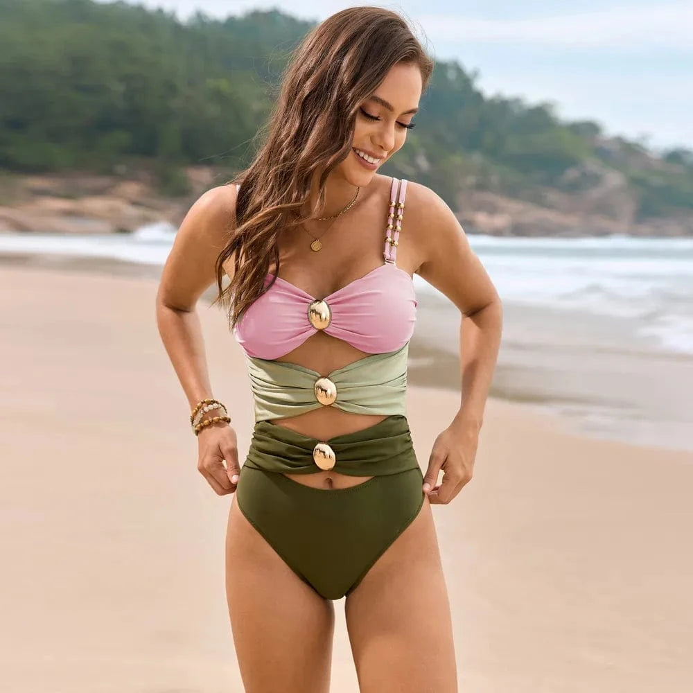 Blush Pink XL Color Block Sweetheart Neck One-Piece Swimwear One-piece Bikini