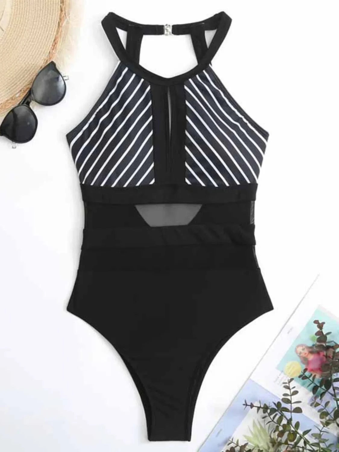 Mesh Detail Backless Striped One-Piece Swimsuit One-piece Bikini
