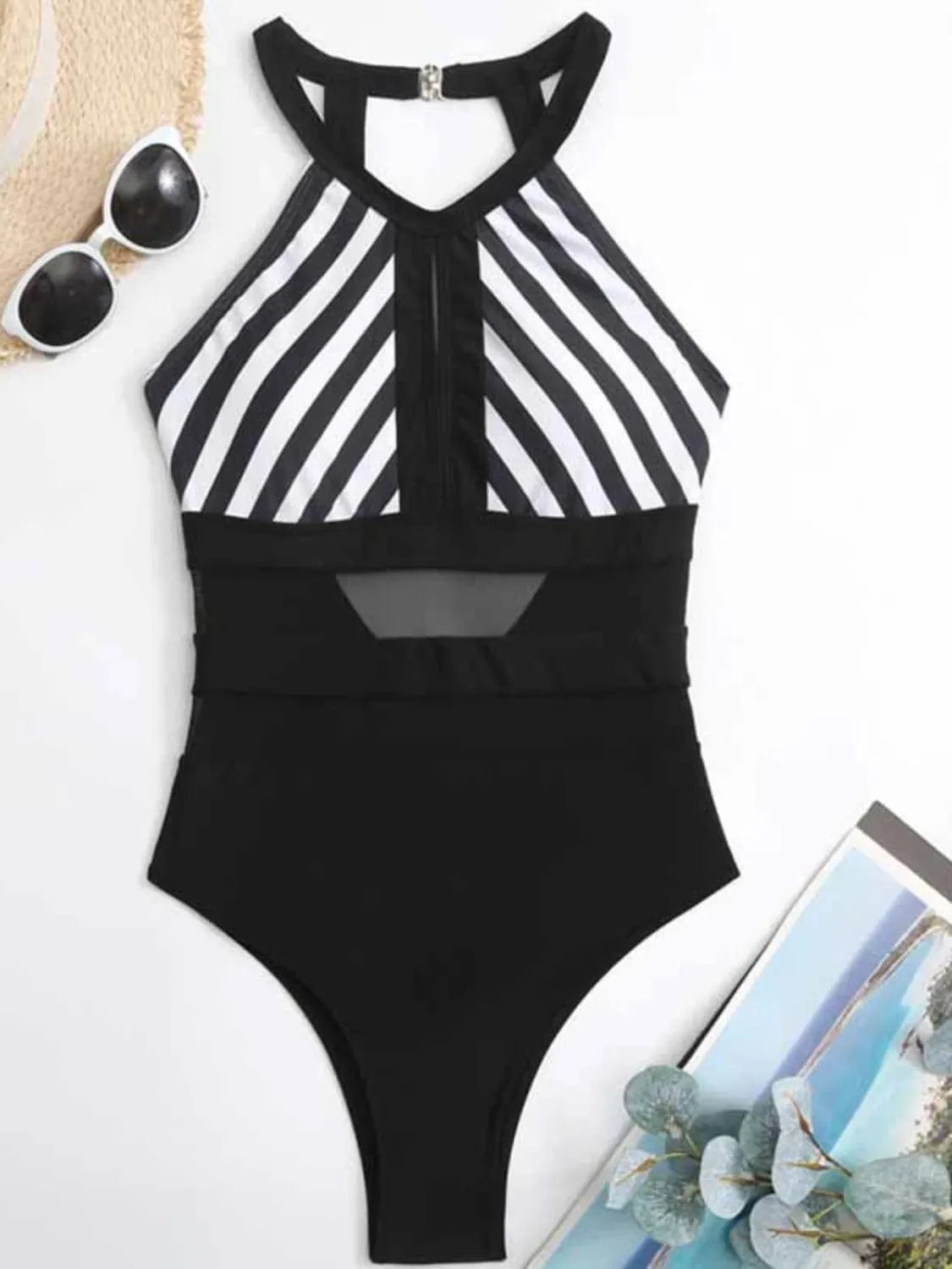Mesh Detail Backless Striped One-Piece Swimsuit One-piece Bikini
