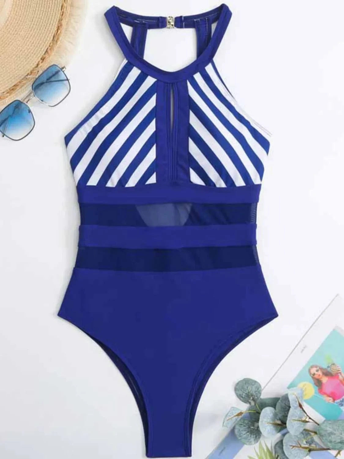 Mesh Detail Backless Striped One-Piece Swimsuit One-piece Bikini