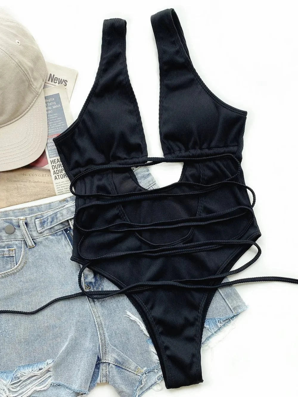 Ribbed Lace Up One-Piece Swimsuit One piece bikini