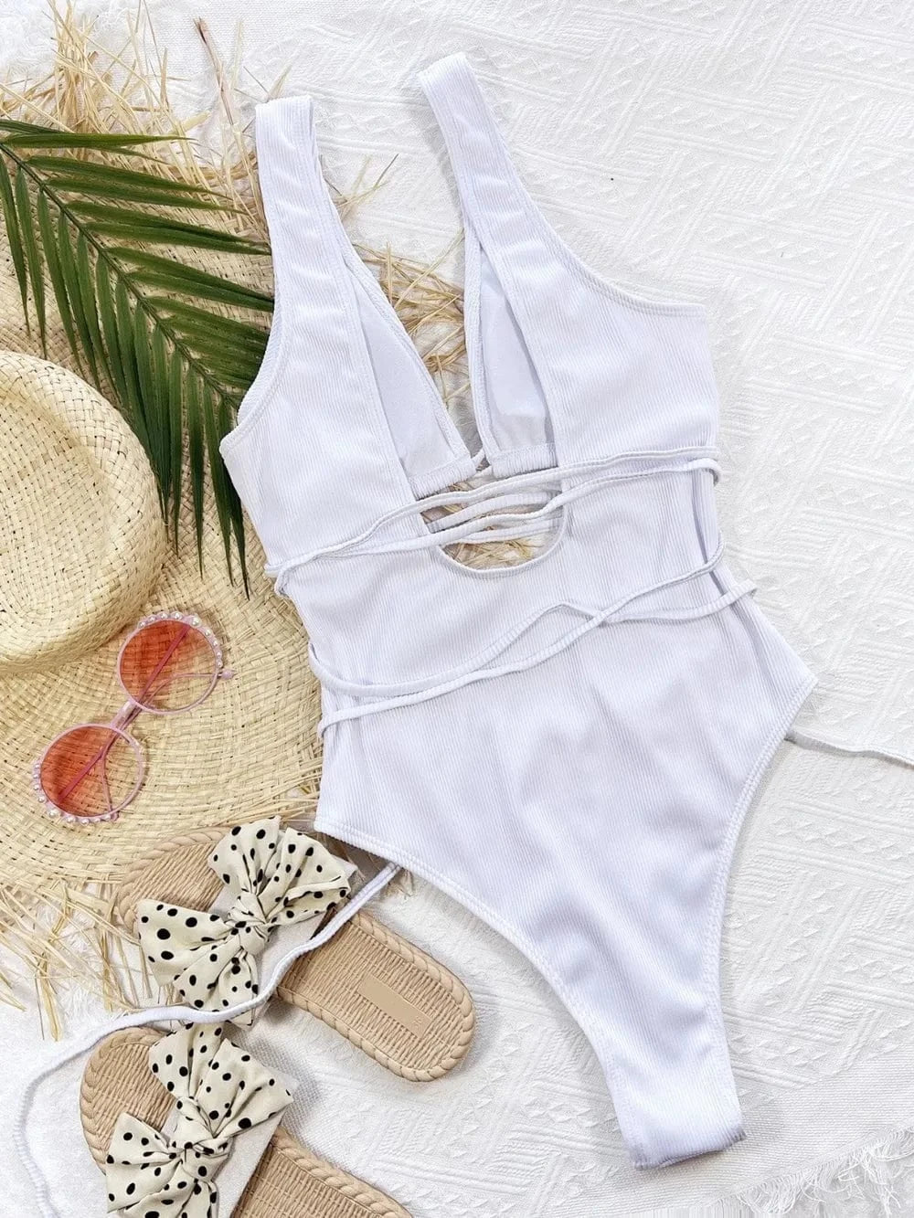 Ribbed Lace Up One-Piece Swimsuit One piece bikini