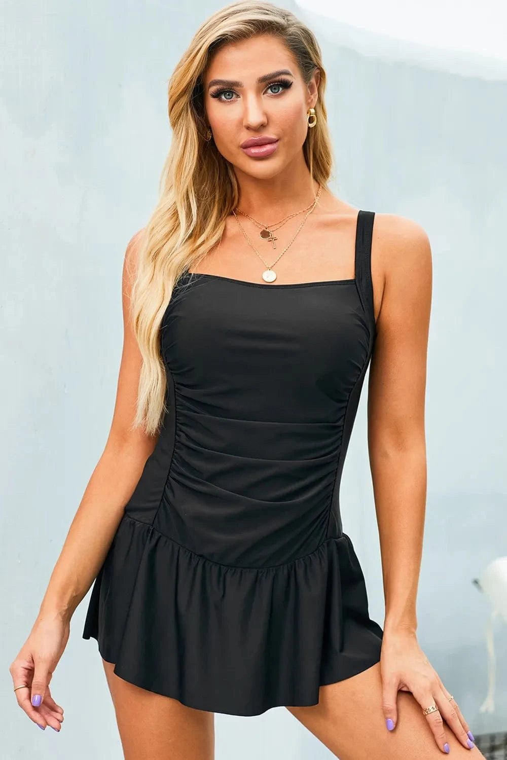 Ruched Square Neck Sleeveless One-Piece Swimwear One-piece Bikini